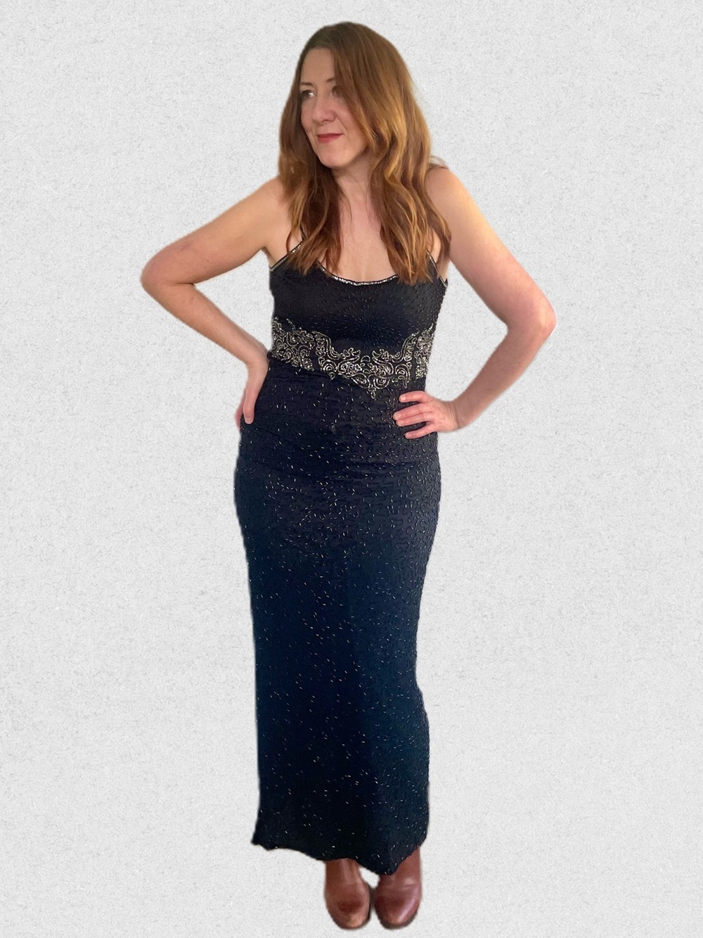 Vintage Black Beaded Dress with Spaghetti Straps, Back Slit
